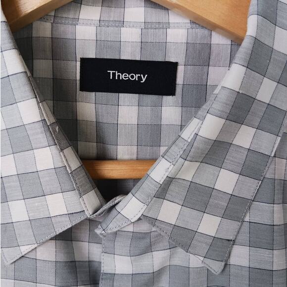 Theory SZ L Men's Zack_Bowrey Gray/White Check Linen Blend Shirt - Picture 4 of 7